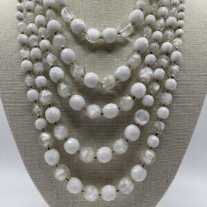 W. Germany Opalescent Glass White Bead 5 Strand Necklace Signed Vintage Jewelry